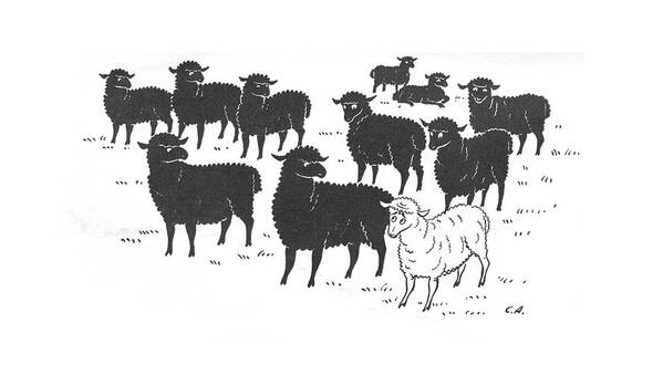 112670 Cal Constantin Alajalov All Black Sheep And One White One. All Animal Animals Black Farm ?ock Individual Individuality Minority Odd One Out Pet Pets Race Racial Relations Sheep Unique White Wool Poster featuring the drawing New Yorker May 29th, 1943 by Constantin Alajalov