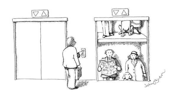 No Caption
A Man Sees An Elevator Which Has Stopped Halfway Between Floors As If It Is A Rolling Tv Picture Poster featuring the drawing New Yorker September 14th, 1987 by John O'Brien