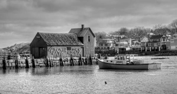 B&w Poster featuring the photograph Rockport Harbor Motif #1 by Liz Mackney