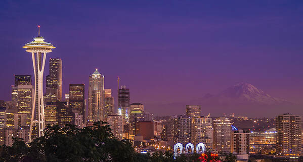 Seattle Poster featuring the photograph Seattle and Mt. Rainier After Dark - City Skyline Night Photograph by Duane Miller