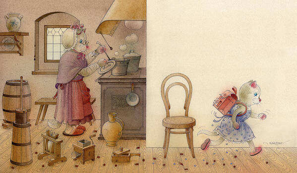 Cat Breakfast Kitchen Dream Fantasy Brown Blue Poster featuring the painting The Dream Cat 12 by Kestutis Kasparavicius