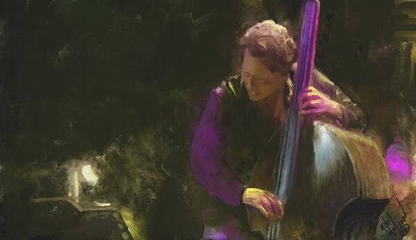 Music Poster featuring the digital art The jazz bassist by Michael Malicoat