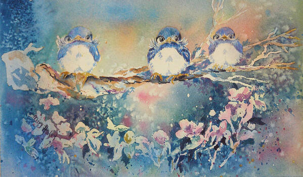 Blue Poster featuring the painting Three Blue Birds by Mary Haley-Rocks