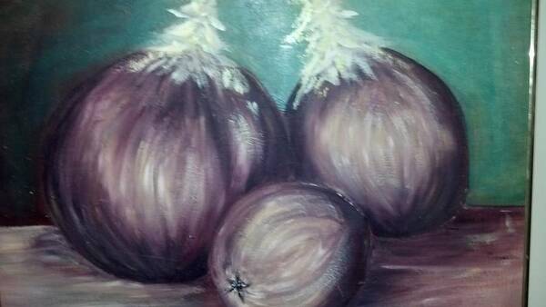 Still Life Acrylics Poster featuring the painting Three Onions by Richard Benson