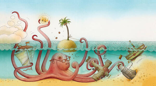 Sea Ocean Underwater Octopus Sky Blue Azure Poster featuring the painting Underwater Story 06 by Kestutis Kasparavicius