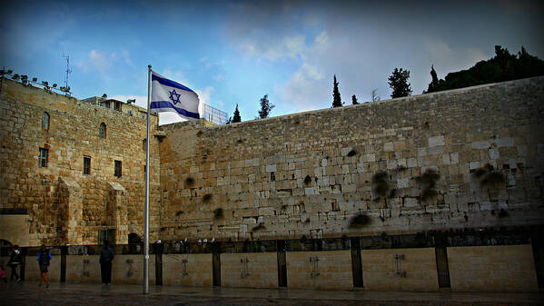 Jerusalem Poster featuring the photograph Western Wall and Israeli Flag by Stephen Stookey