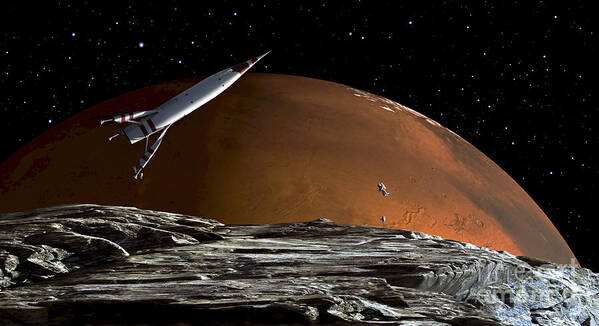 Mars Poster featuring the digital art A Spaceship In Orbit Over Mars Moon by Frank Hettick