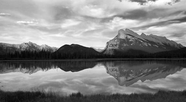 Banff National Park Poster featuring the photograph Mt. Rundel Reflection Black and White by Andrew Serff