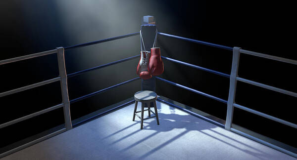 Boxing gloves hanging in boxing ring, Posters, Art Prints, Wall Murals