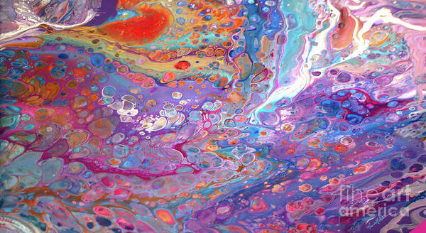 Liquid Acrylics Vibrant Lively Colorful Compelling Extraordinarily Beautiful Blue Dominates Gold Orange Purple Pink Turquoise Fuschia And White Poster featuring the painting #149 Wet pour #149 by Priscilla Batzell Expressionist Art Studio Gallery