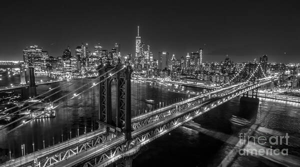 New York Poster featuring the photograph New York City, Manhattan Bridge at Night #1 by Mike Gearin