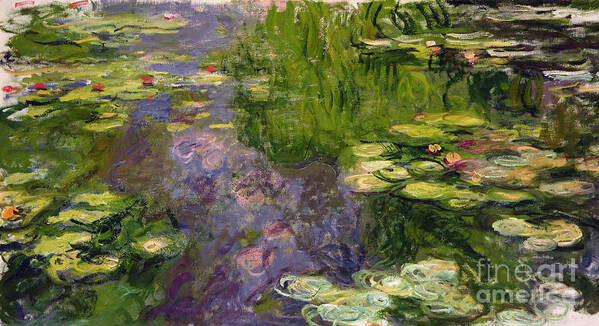 Nympheas; Water; Lily; Waterlily; Impressionist; Green; Purple Poster featuring the painting Waterlilies by Claude Monet