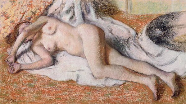 Edgar Degas Poster featuring the drawing After the Bath or Reclining Nude by Edgar Degas