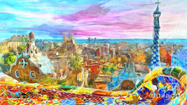 Park Guell Landscape Poster featuring the painting Barcelona from Park Guell by Stefano Senise