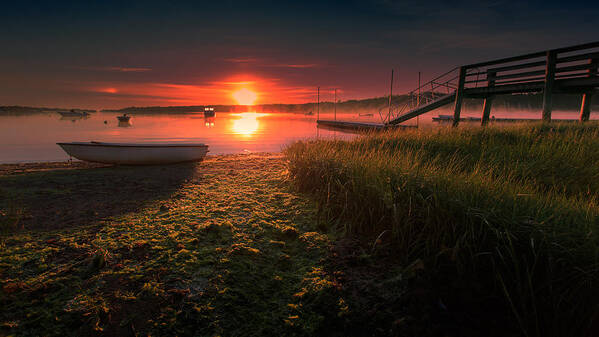 Cape Cod Landscape Print Poster featuring the photograph Boats On The Cove At Sunrise In The Fog by Darius Aniunas