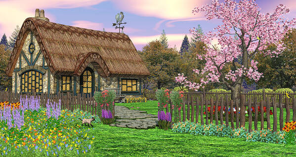 Flower Poster featuring the digital art Colorful Country Cottage by Walter Colvin