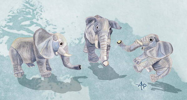 Elephant Poster featuring the mixed media Elephants in blue by Angeles M Pomata