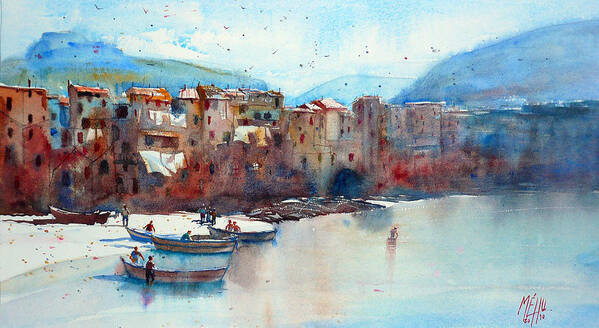 Watercolor Poster featuring the painting Fishing boats on the beach of Cefalu by Andre MEHU