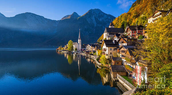 Alpine Poster featuring the photograph Hallstatt mountain village in fall by JR Photography
