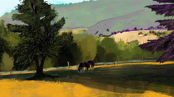 Agriculture Poster featuring the digital art Horses in field by Debra Baldwin