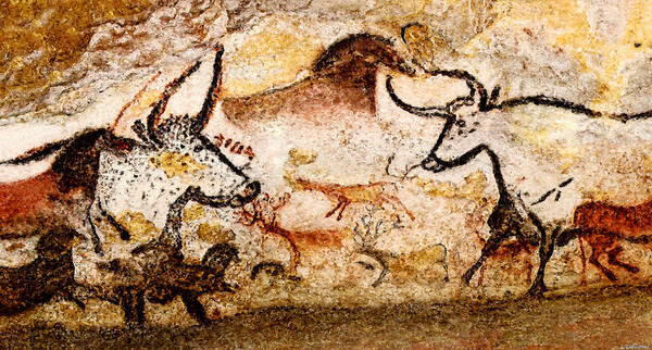 Lascaux Poster featuring the digital art Lascaux Hall of the Bulls - Deer and Aurochs by Weston Westmoreland