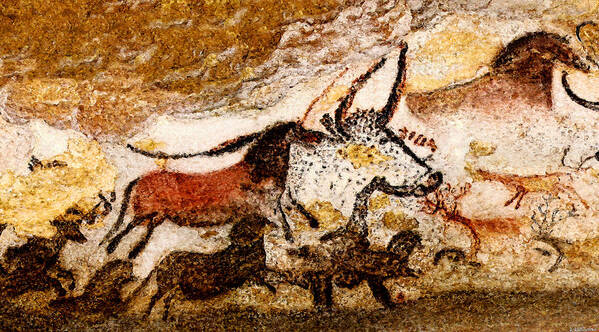 Lascaux Poster featuring the digital art Lascaux Hall of the Bulls - Horses and Aurochs by Weston Westmoreland