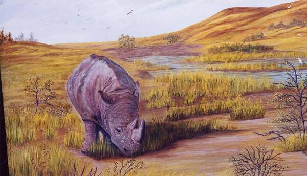 Rhrino / Africa / Landscape Poster featuring the painting Lone Grazer by Myrna Walsh