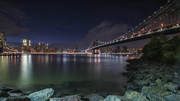 New York City Poster featuring the photograph Manhattan Bridge Twinkles at Night by Alissa Beth Photography