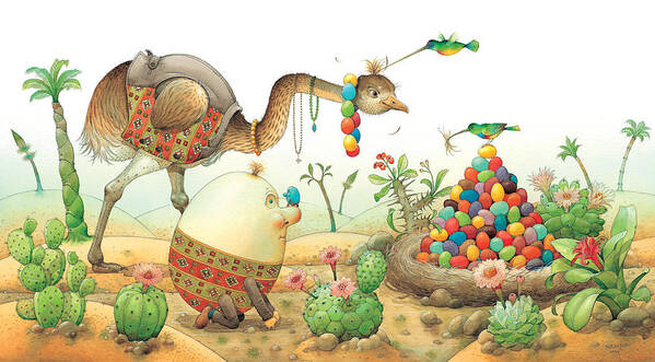 Eggs Easter Birds Poster featuring the painting Minieggs and Maxiegg by Kestutis Kasparavicius