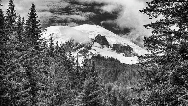 Mt Rainier Poster featuring the photograph Mt Rainier View - bw by Stephen Stookey