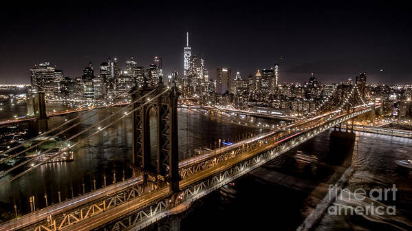 New York Poster featuring the photograph New York City, Manhattan Bridge at Night by Mike Gearin
