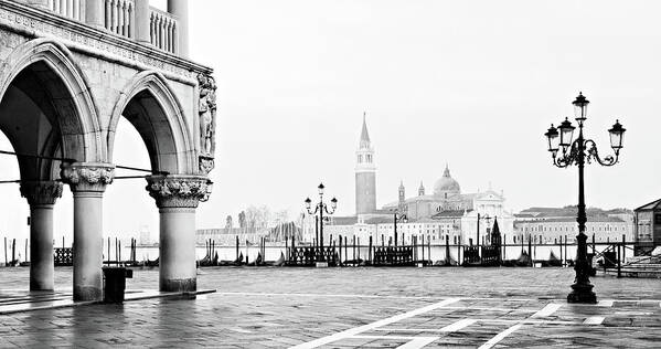Black And White Poster featuring the photograph Piazza San Marco andSan Giorgio Maggiore - Venice by Barry O Carroll