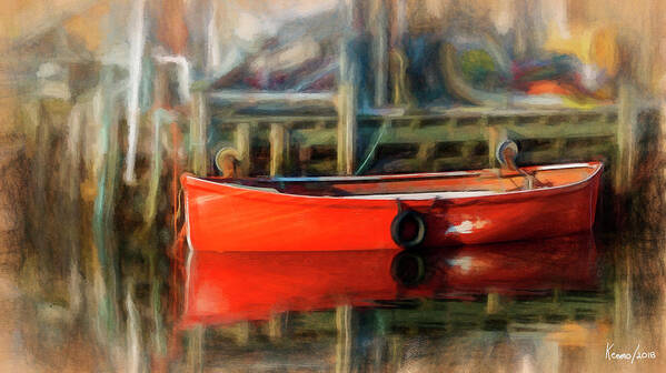 Red Poster featuring the digital art Reflections of a Red Boat by Ken Morris