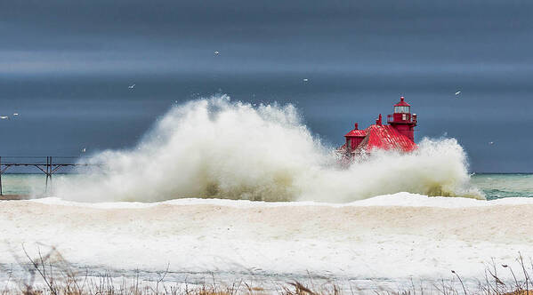 Lighthouse Poster featuring the photograph Roar on the Shore in the Door by Patti Raine