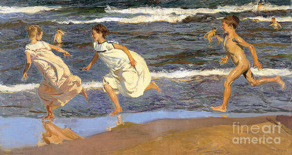 Joaqu�n Sorolla Y Bastida (spanish Poster featuring the painting Running Along the Beach by Celestial Images
