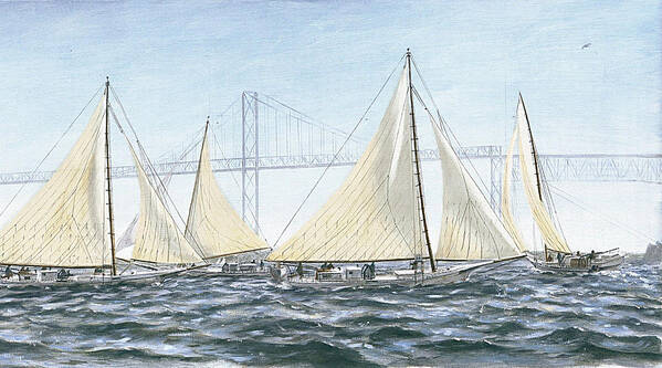 Original Painting Seascape Boats Oil Painting Skipjacks Chesapeake Bay Maryland Poster featuring the painting Skipjacks Racing Chesapeake Bay Maryland Detail by G Linsenmayer