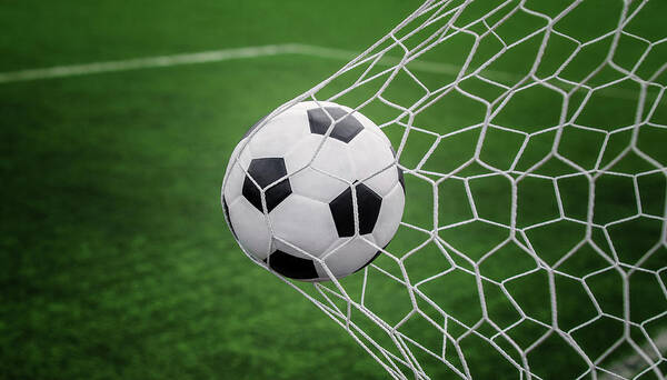 Soccer Ball On Goal With Net And Green Background Poster By Anek Suwannaphoom