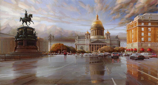 St. Petersburg Skyline Poster featuring the painting St. Petersburg. St. Isaac's square at sunset by Ramil Gappasov