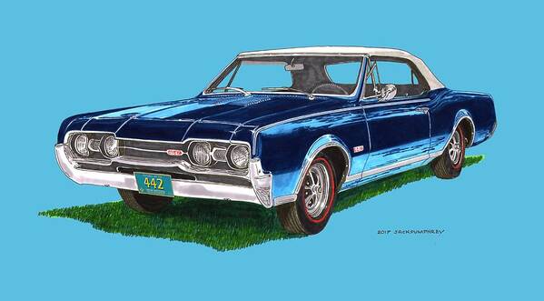 Watercolor Art Of 1967 Oldsmobile442 Convertible Tee Shirts Poster featuring the painting Tee shirt art 1967 Oldsmobile 4 4 2 Convertible by Jack Pumphrey