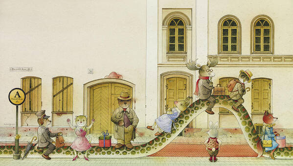 Snake Buss Stop Old Town Street Animals House Traffic Illustration Children Book Rabbit Fox Bear Cat Deer Dog Goat Owl Poster featuring the painting The Neighbor around the Corner07 by Kestutis Kasparavicius