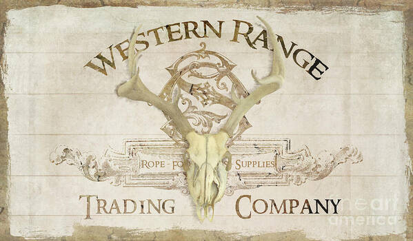 Western Poster featuring the painting Western Range 3 Old West Deer Skull Wooden Sign Trading Company by Audrey Jeanne Roberts