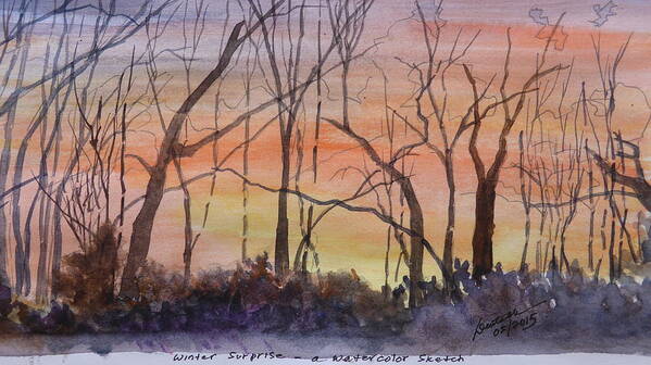 Sunset Between The Sourwoods Poster featuring the painting Winter Surprise -a watercolor sketch by Joel Deutsch