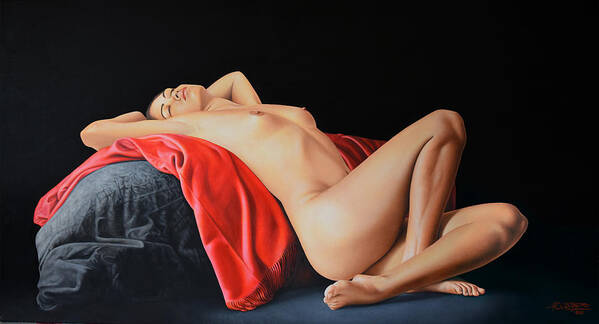 Nude Poster featuring the painting Woman Resting on a Red Cloth by Horacio Cardozo