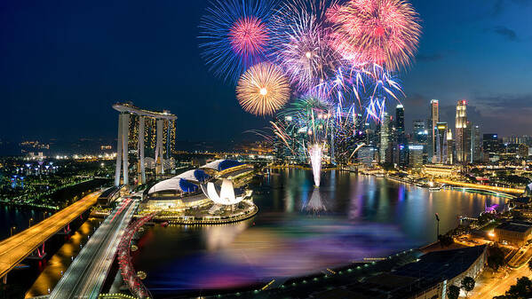 Cityscape Poster featuring the photograph Aerial View Of Fireworks Celebration #1 by Prasit Rodphan
