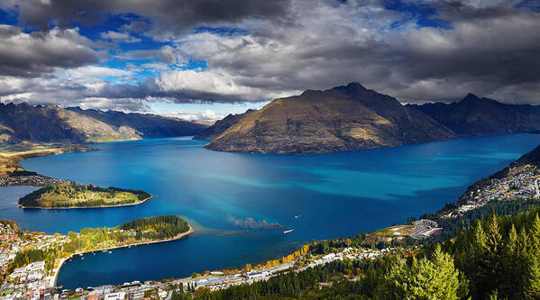 Landscape Poster featuring the photograph Queenstown Cityscape With Wakatipu Lake #1 by DPK-Photo
