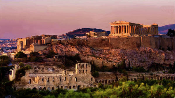 Troy Caperton Poster featuring the painting Acropolis at Twilight by Troy Caperton