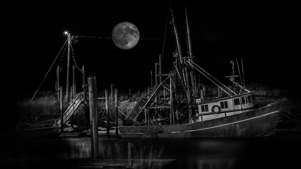 Full Poster featuring the photograph Black and White Art Fishing Boat and Full Moon by Darius Aniunas
