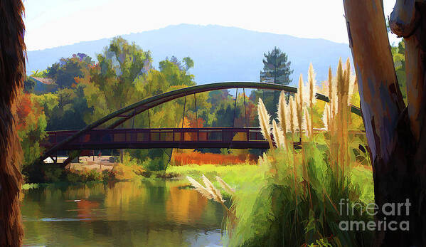 Autumn Poster featuring the photograph Bridge over Lake Vasona Color Digital Cattails by Chuck Kuhn