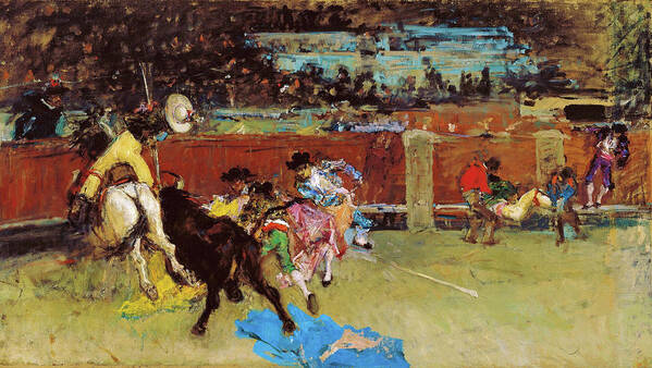 Bullfight Poster featuring the painting Bullfight, Wounded Picador - Digital Remastered Edition by Mariano Fortuny