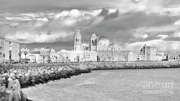 Landscape Poster featuring the photograph Cathedral from Southern Field Cadiz Spain Black and White by Pablo Avanzini